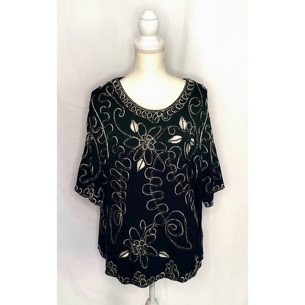 Carole Little Woman Elegant Floral Embroidered Top 1X Beaded Stretchy Boho Artsy